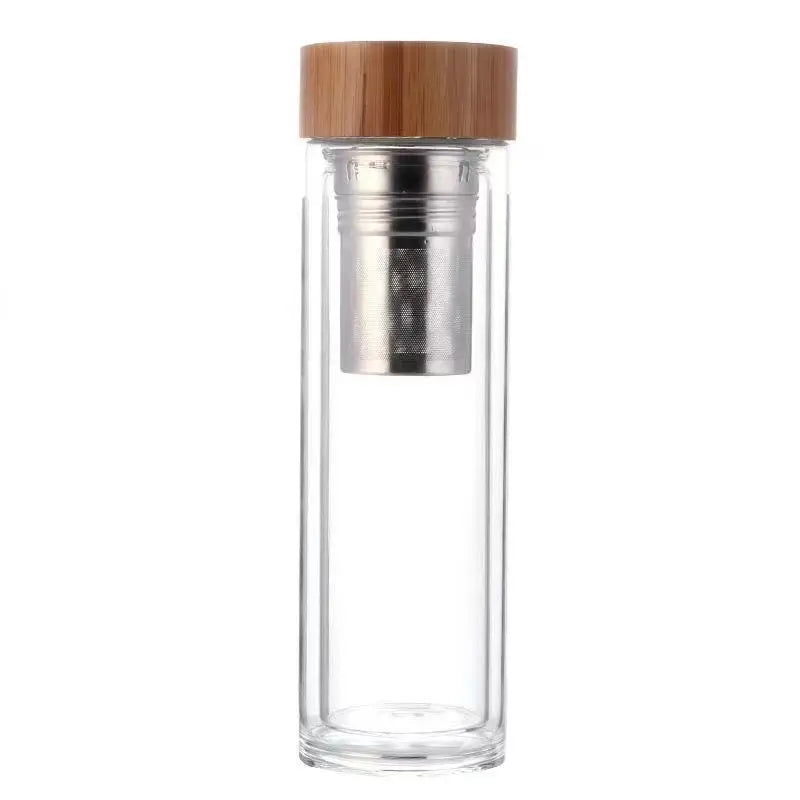300/400/500ML Double Wall Glass Water Bottle Stainless Steel Filters Bamboo Lid Travel Home Drinkware Tea Infuser Office Tea Cup