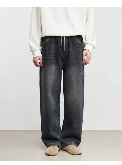 Fashion Men's Casual Thick Jeans 2025 Autumn Winter New Elastic Waist Fleece Lined Washed Loose Straight Leg Casual Long Pants
