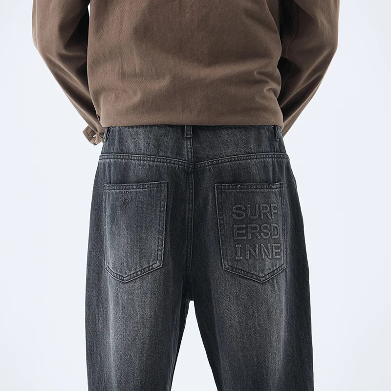 Fashionable Men's Washed Straight Jeans 2025 Autumn New Embroidered Letter Pattern Loose Denim Casual Pants Size 28-40