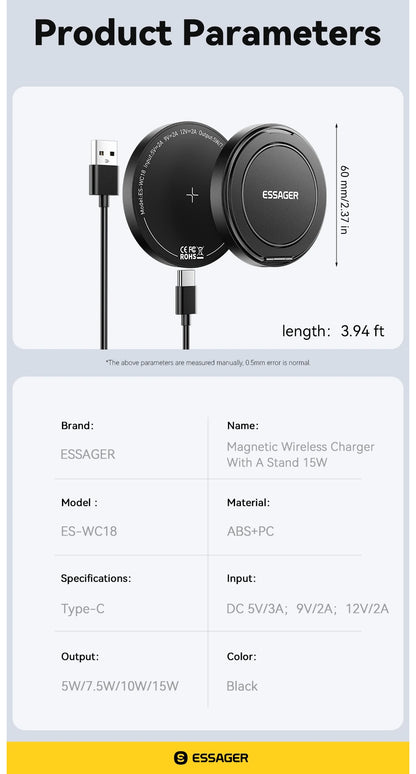 Essager Magnetic 15W Wireless Charger Fast Charging Pad Stand for iPhone 15 14  Airpods USB To Typec Phone Chargers Dock Station