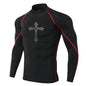Men's Cross Print High Neck Breathable Training T-Shirt Quick-drying Long Sleeve Fitness Workout Stretch Tight Top S-3XL
