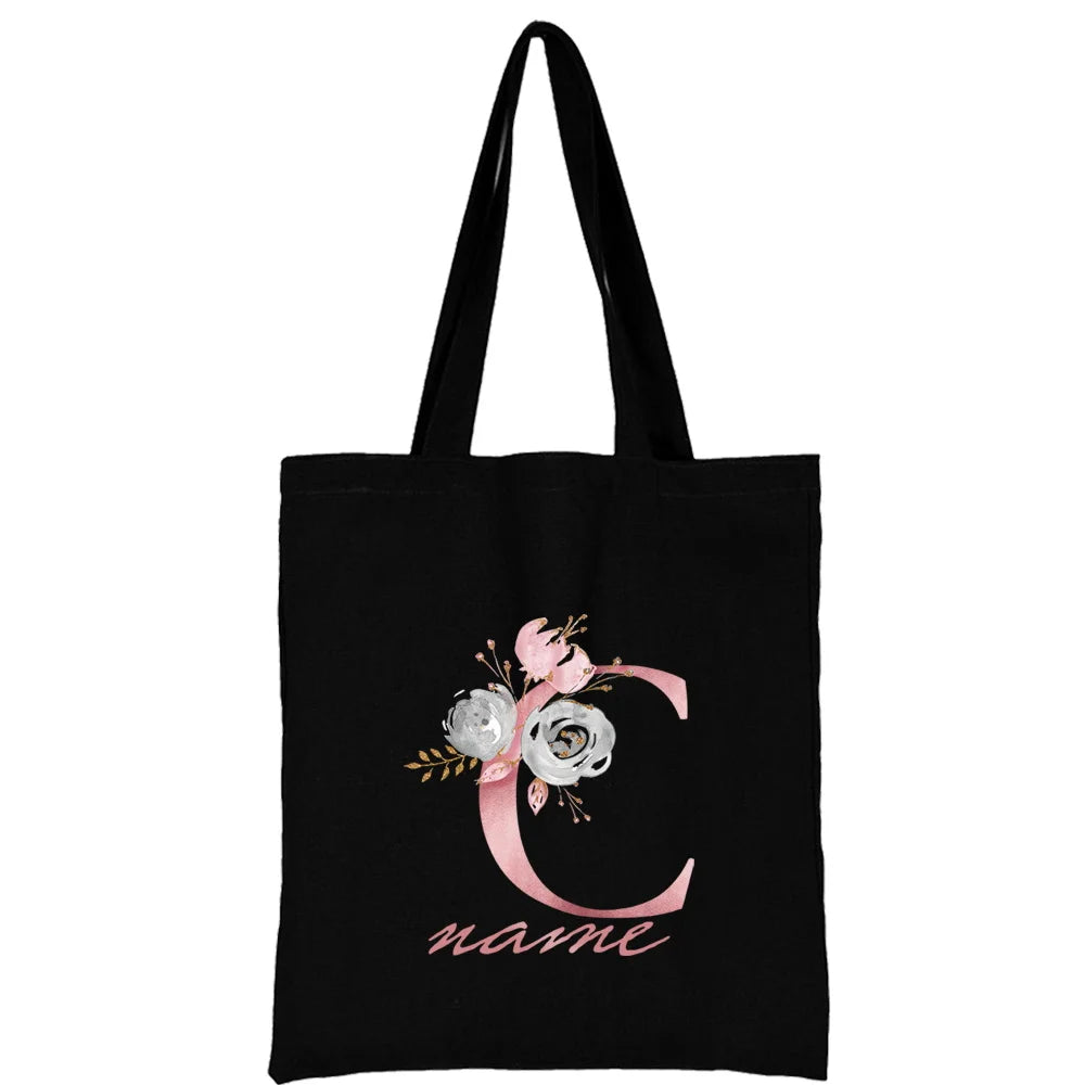 Custom Free Name Canvas Bags Women Shoulder Bag Handbags Pink Letter Beach Bags Tote Casual Woman Grocery Eco Shopping Bag