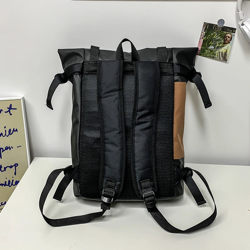 Men's Functional Black Backpack Trend Canvas Patchwork Design Backpack Large Capacity Travel Backpacks for Men Casual School Bag