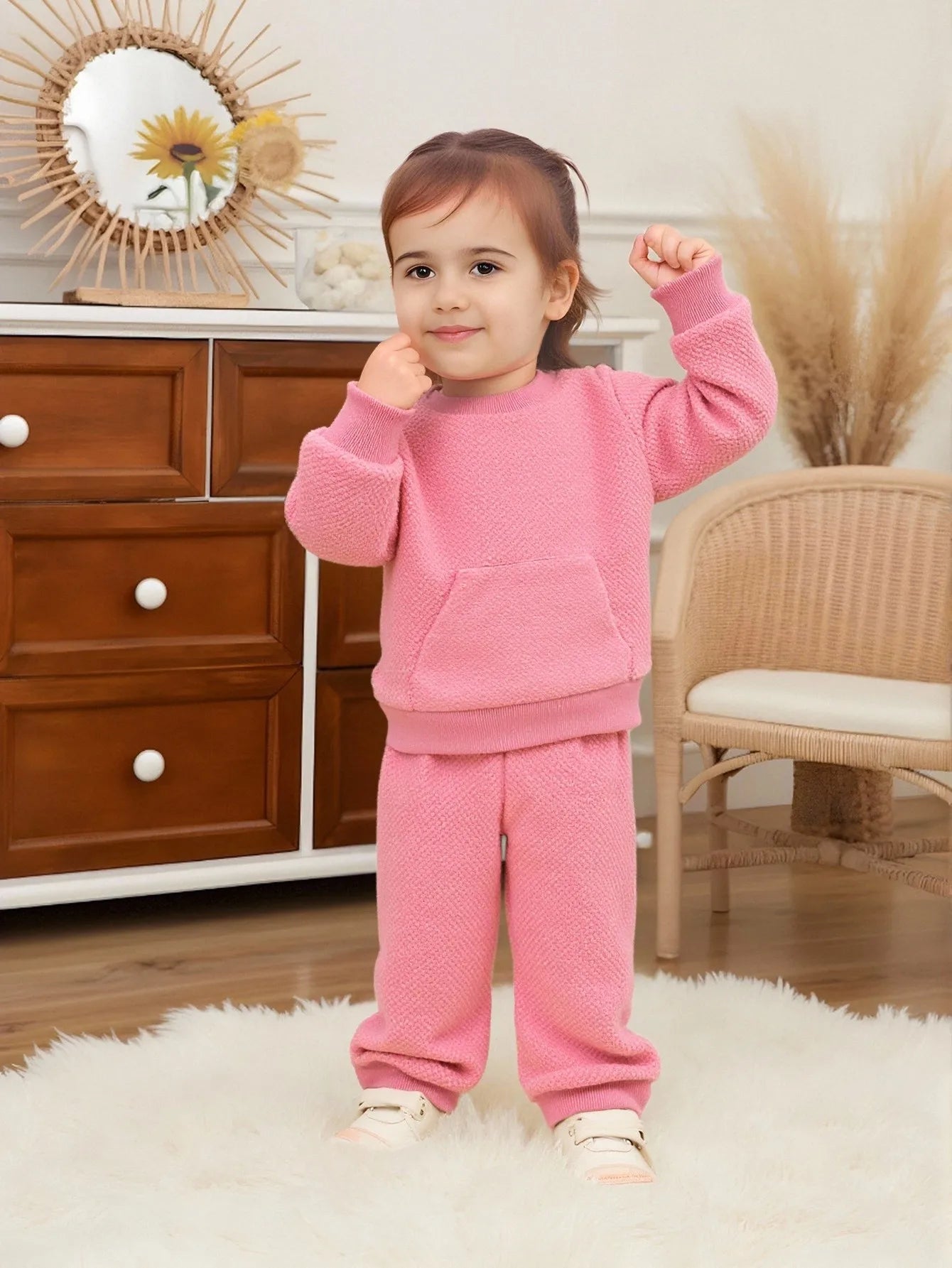 2-piece set of fashionable and casual round neck long sleeved hoodie and pants for baby girls in autumn