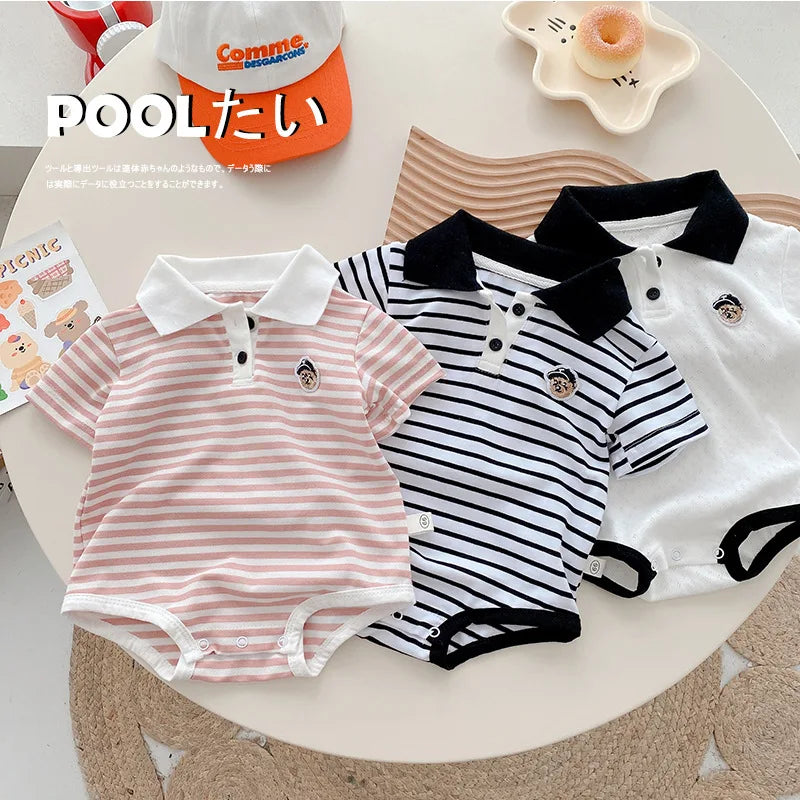 Baby Striped Hoodie for Boys Aged 0-2 in Summer, Stylish Teddy Bear Jumpsuit for Newborns, Trendy Fart Bag Outfit