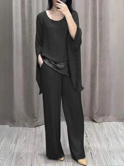 Fashion 2 Piece Set Party Outfits New Spring Summer Elegant Women's Suit Casual Bat Wing Sleeve Blouse Top With Wide Leg Pants