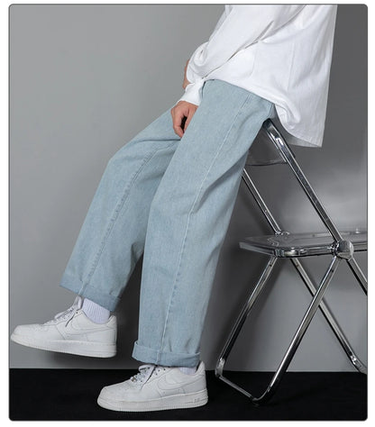 2025 New Korean Men's Casual Long Jeans Classic Man Straight Denim Wide-leg Pants Solid Color Light Blue Grey Black