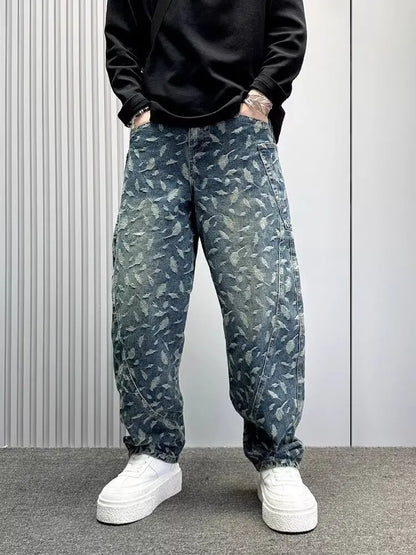 Jacquard Full Print Men's Jeans Retro Straight Loose Trend High Street Scimitar Long Pants 2025 Spring And Summer New