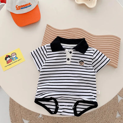 Baby Striped Hoodie for Boys Aged 0-2 in Summer, Stylish Teddy Bear Jumpsuit for Newborns, Trendy Fart Bag Outfit