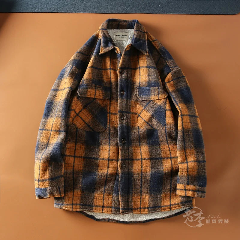 Autumn Winter American Sle Men's Casual irt Collared Fce Lined Thiened Brued Plaid Lamb Velvet Coat Youth Trend