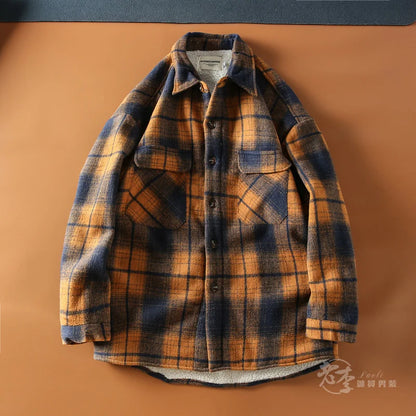 Autumn Winter American Sle Men's Casual irt Collared Fce Lined Thiened Brued Plaid Lamb Velvet Coat Youth Trend