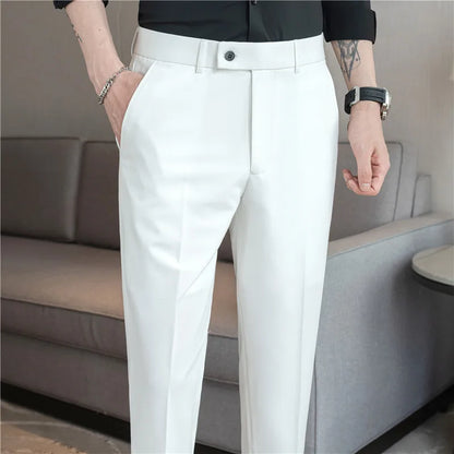 Stretch Solid Color Men's Trousers, Suitable for Business Casual, Parties, Formal Events, and Ankle-length Slim Pants.28-40