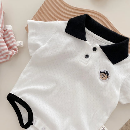 Baby Striped Hoodie for Boys Aged 0-2 in Summer, Stylish Teddy Bear Jumpsuit for Newborns, Trendy Fart Bag Outfit