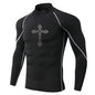 Men's Cross Print High Neck Breathable Training T-Shirt Quick-drying Long Sleeve Fitness Workout Stretch Tight Top S-3XL