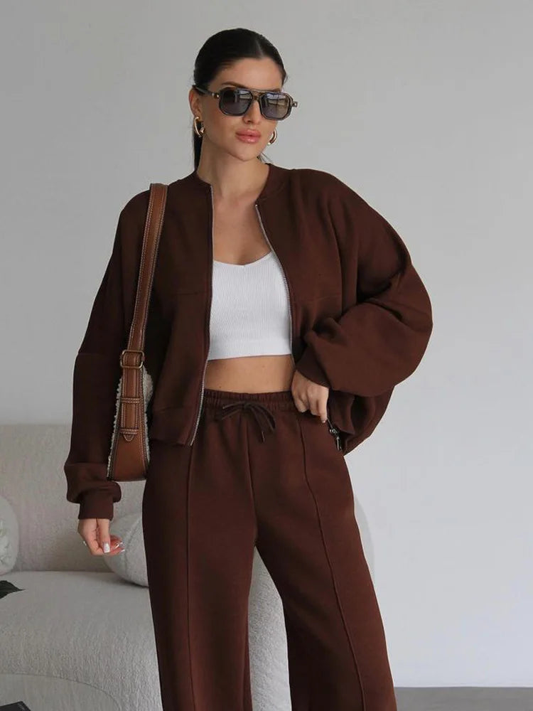 Autumn Outfits For Women 2 Piece Set Solid Color Zipper Loose Jacket + Drawstring Wide-leg Trousers Camping Tenue De Sport Femme