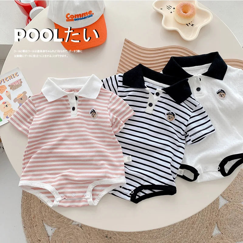 Baby Striped Hoodie for Boys Aged 0-2 in Summer, Stylish Teddy Bear Jumpsuit for Newborns, Trendy Fart Bag Outfit