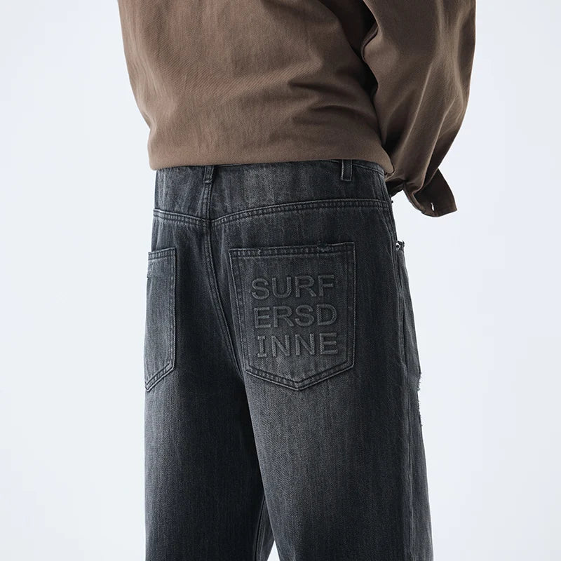Fashionable Men's Washed Straight Jeans 2025 Autumn New Embroidered Letter Pattern Loose Denim Casual Pants Size 28-40