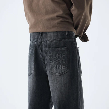 Fashionable Men's Washed Straight Jeans 2025 Autumn New Embroidered Letter Pattern Loose Denim Casual Pants Size 28-40