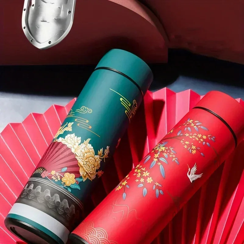 Retro Smart Temperature Display Insulated Cup,  Chinese Style Thermal Water Bottle, Stainless Steel Water Cup