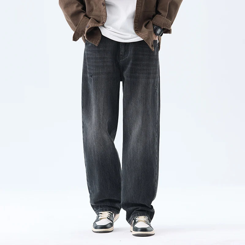 Fashionable Men's Washed Straight Jeans 2025 Autumn New Embroidered Letter Pattern Loose Denim Casual Pants Size 28-40