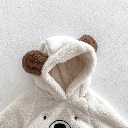 Baby Hooded Romper Bear Ears Cute Plush Baby Clothes Winter 0-2 Years Old Korean version Baby Clothes Baby Romper