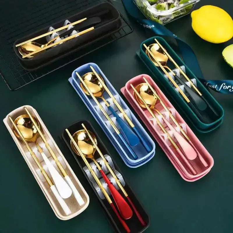 Eco Friendly Dinnerware Set, Portable Cutlery Sets With Case, Silverware Sets, 304 Kitchen Accessories Fork Spoon Gold Knife