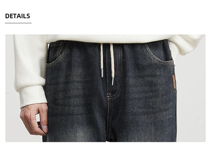 Fashion Men's Casual Thick Jeans 2025 Autumn Winter New Elastic Waist Fleece Lined Washed Loose Straight Leg Casual Long Pants