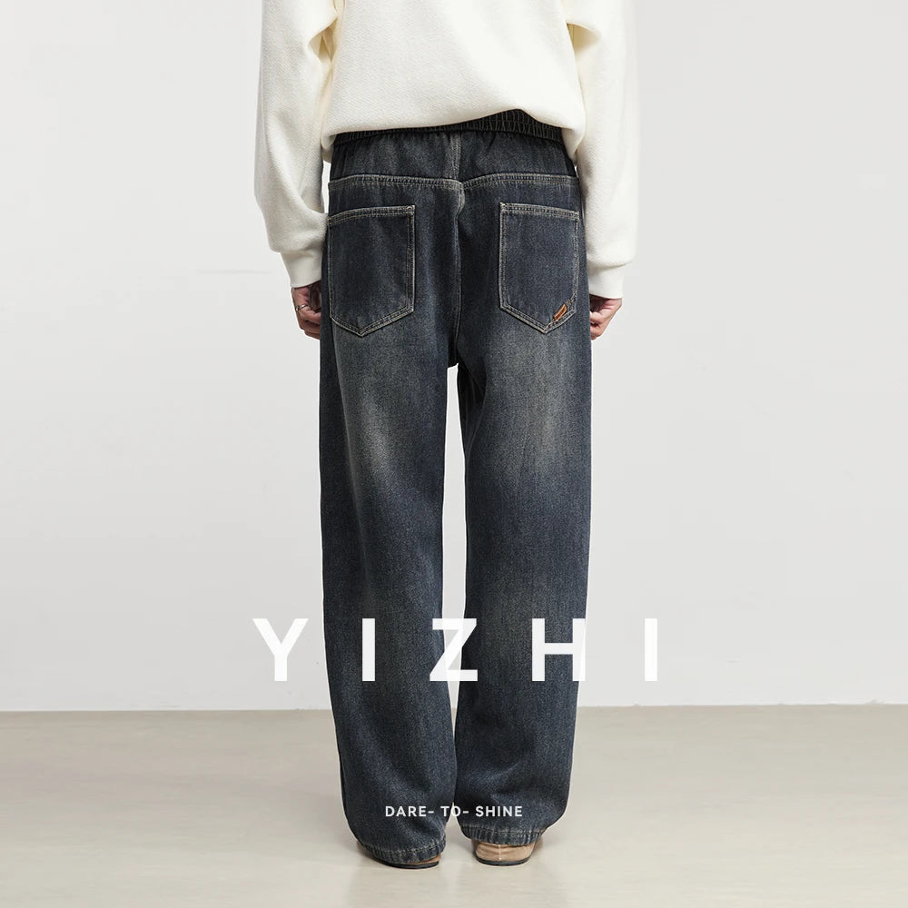 Fashion Men's Casual Thick Jeans 2025 Autumn Winter New Elastic Waist Fleece Lined Washed Loose Straight Leg Casual Long Pants