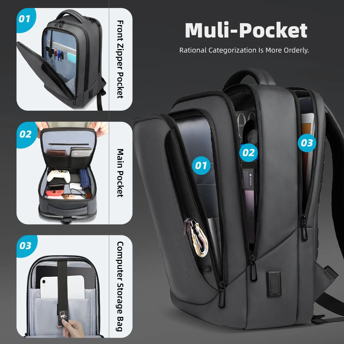 HK Business Backpack Multifunctional Men's 15.6" Laptop Bag Large Capacity Travel Backpacks Waterproof School Bags Work Rucksack