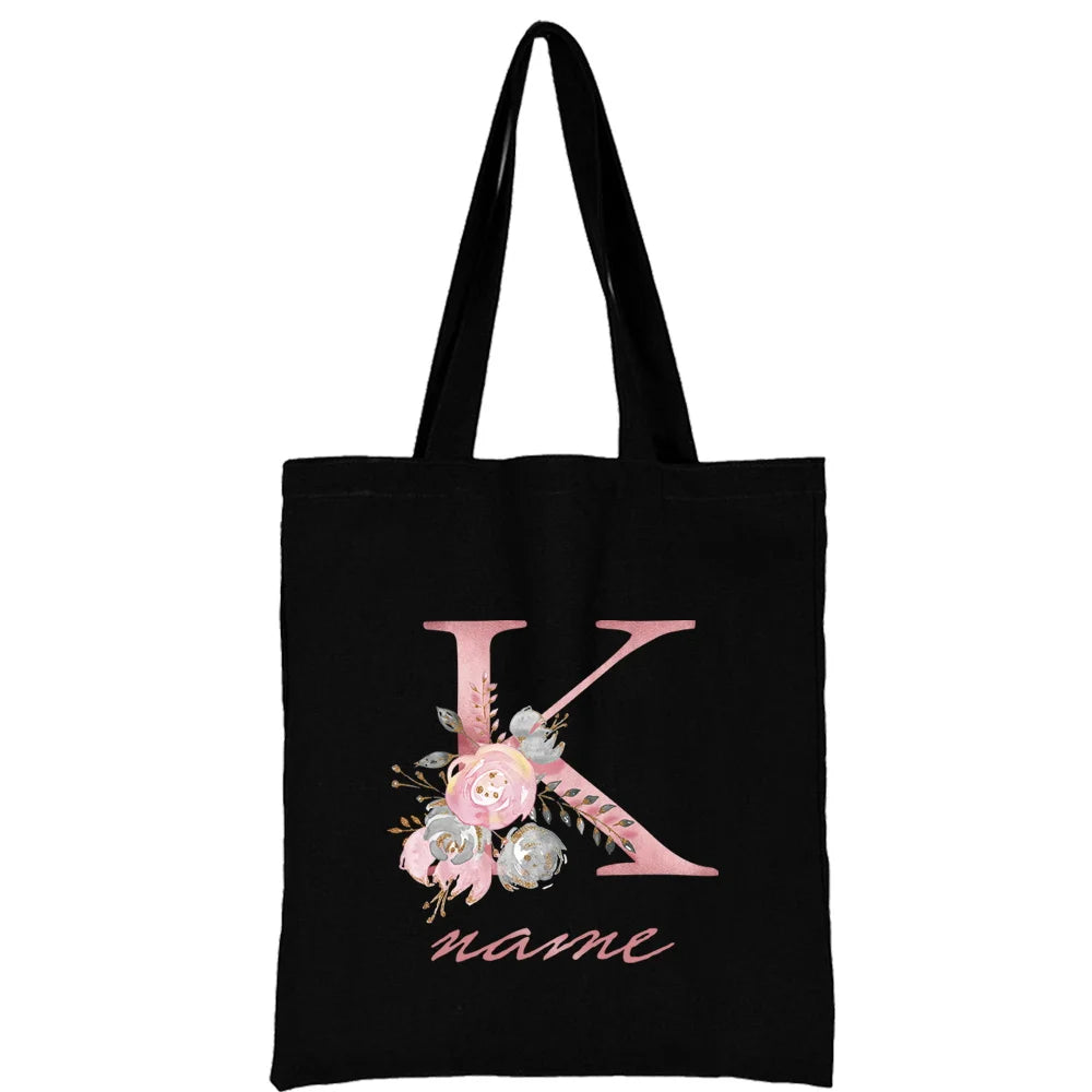 Custom Free Name Canvas Bags Women Shoulder Bag Handbags Pink Letter Beach Bags Tote Casual Woman Grocery Eco Shopping Bag