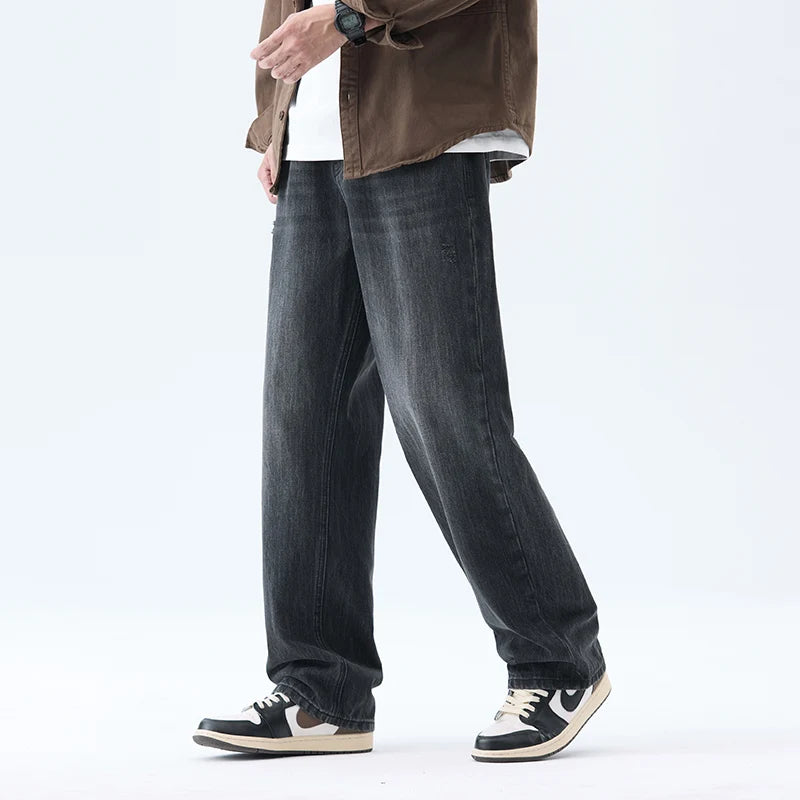 Fashionable Men's Washed Straight Jeans 2025 Autumn New Embroidered Letter Pattern Loose Denim Casual Pants Size 28-40