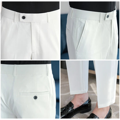 Stretch Solid Color Men's Trousers, Suitable for Business Casual, Parties, Formal Events, and Ankle-length Slim Pants.28-40
