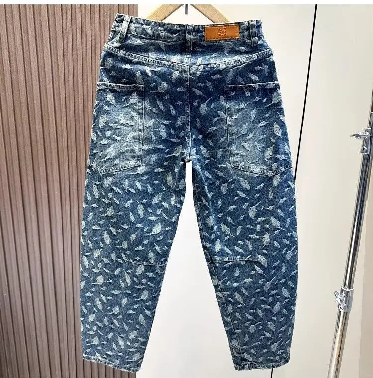 Jacquard Full Print Men's Jeans Retro Straight Loose Trend High Street Scimitar Long Pants 2025 Spring And Summer New