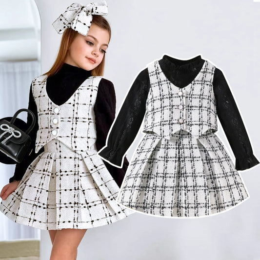 Autumn Winter Fashion Kids Outfits Set Toddler Long Sleeve Lace Tops Plaid Vest Jacket With Skirts For Girls Casual Elegant Wear