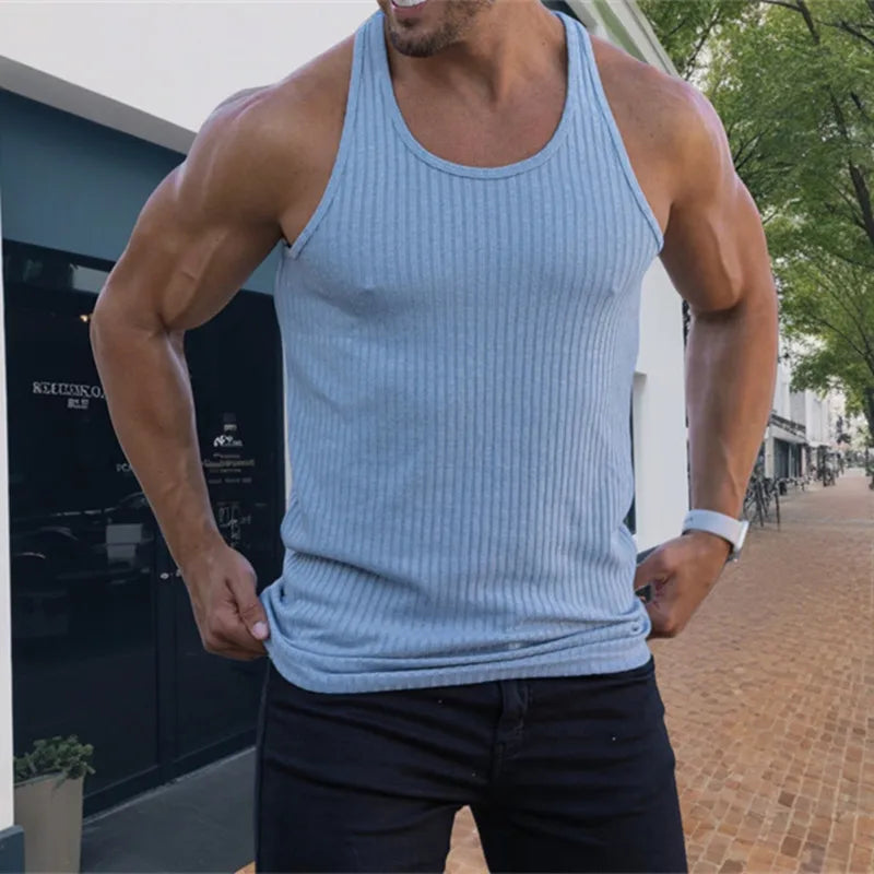 Men's Summer O-neck loose stripe gym Tank top Men Fitness sleeveless pullover Sports Undershirt Elasticity casual vest men tops