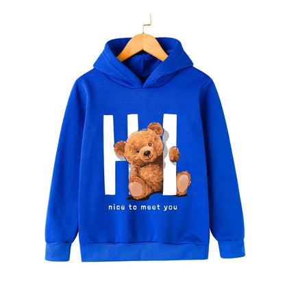 Autumn Winter Children Hoodies Kawaii Hi Teddy Bear Print Girls Boys Baby Clothes Casual Fashion Kids Sweatshirt Pullovers Tops