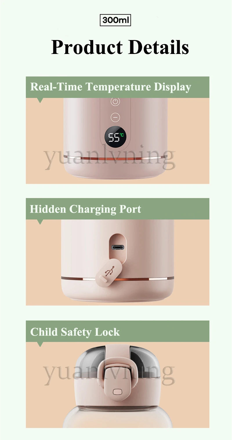 300ml Thermostatic Water Cup for Baby Smart Portable Baby Warm Bottle with Temperature Display USB Charge Wireless Heating Cup