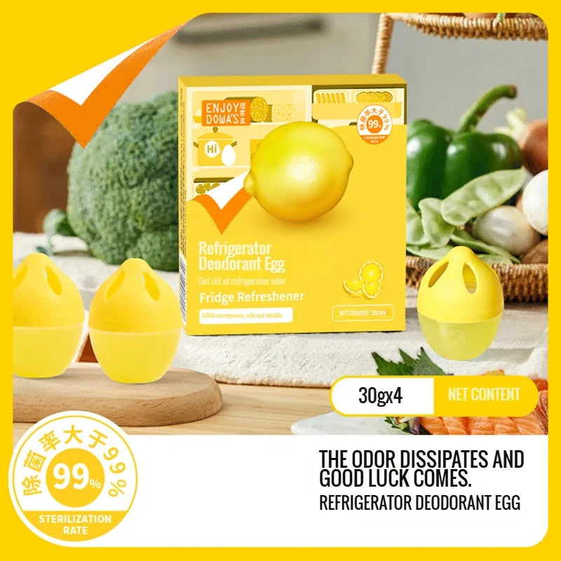 Set of 4 Eco-Friendly Fridge Refresheners - Odor Absorbing & Antibacterial, Cute Lemon Egg Shape, Safe for Food Storage