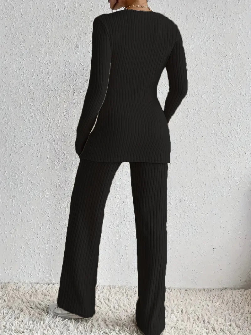 Women's Casual Solid Sets Outfits Fashion Long Sleeve V Neck Slim Tops+High Waist Pants 2 Pieces Set For Woman Autumn Winter New