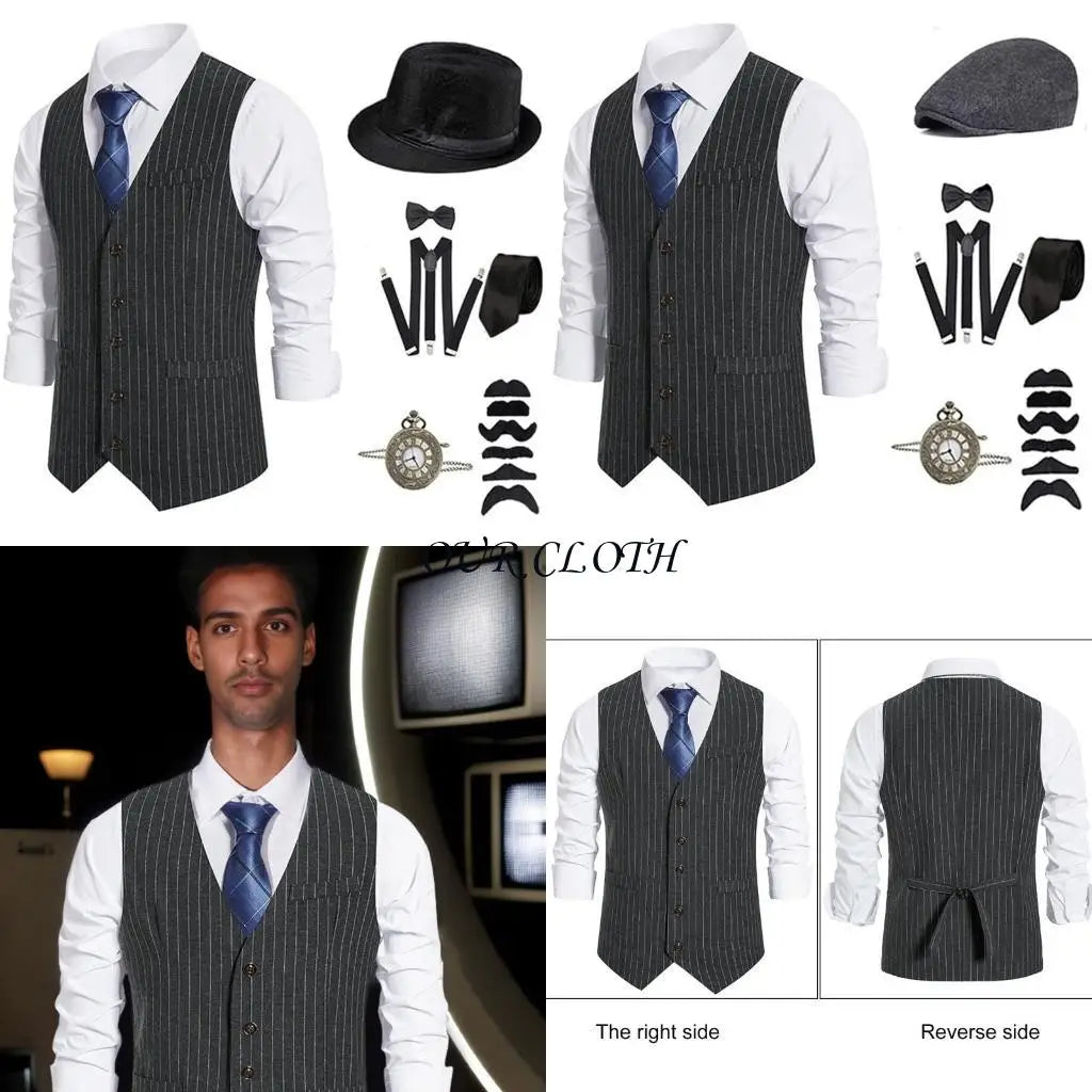 1920s Mens Costume Roaring 20s Outfit Accessories 1920s Men Mafia Costume 20s Gangsters Vest Hat Pocket Watch Suspenders Y1AC