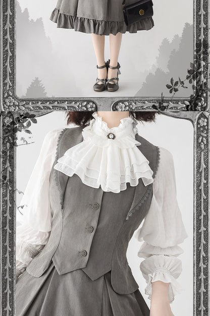 Autumn Winter Clothing Set Ladies Elegant Long Sleeve White Shirt Blouses Retro Vest with Fishbone Skirt Lolita 3 Piece Outfits