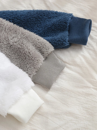 A 3-Piece Plush Hoodie For A Baby Boy In Autumn And Winter, An Outdoor Warm And Cute Little Bear Round-Neck Base Layer