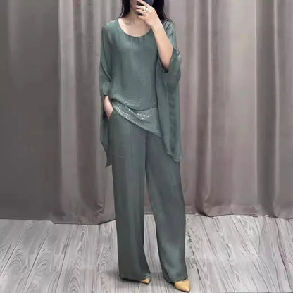Fashion 2 Piece Set Party Outfits New Spring Summer Elegant Women's Suit Casual Bat Wing Sleeve Blouse Top With Wide Leg Pants