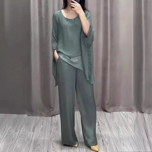 Fashion 2 Piece Set Party Outfits New Spring Summer Elegant Women's Suit Casual Bat Wing Sleeve Blouse Top With Wide Leg Pants