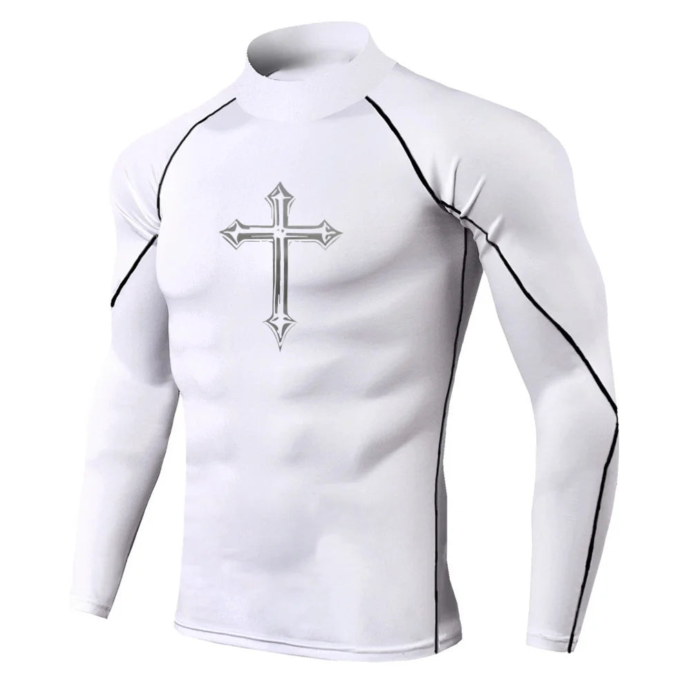 Men's Cross Print High Neck Breathable Training T-Shirt Quick-drying Long Sleeve Fitness Workout Stretch Tight Top S-3XL