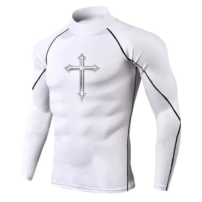 Men's Cross Print High Neck Breathable Training T-Shirt Quick-drying Long Sleeve Fitness Workout Stretch Tight Top S-3XL