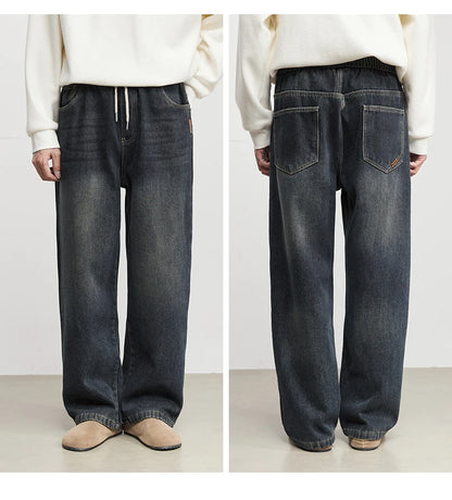 Fashion Men's Casual Thick Jeans 2025 Autumn Winter New Elastic Waist Fleece Lined Washed Loose Straight Leg Casual Long Pants