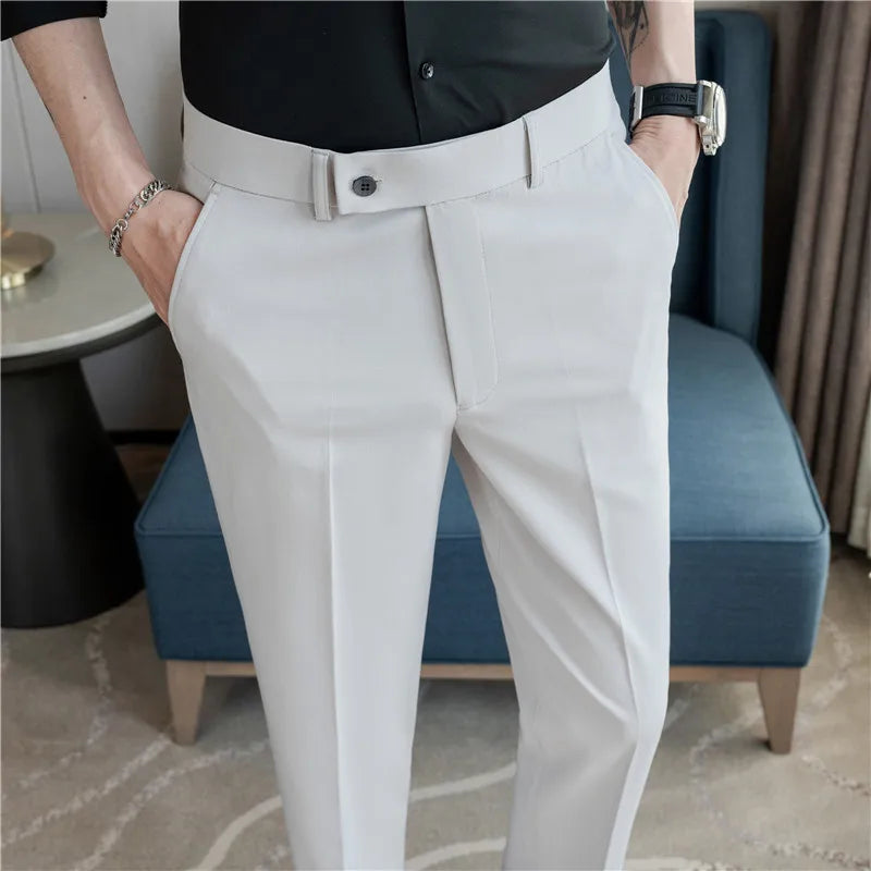 Stretch Solid Color Men's Trousers, Suitable for Business Casual, Parties, Formal Events, and Ankle-length Slim Pants.28-40