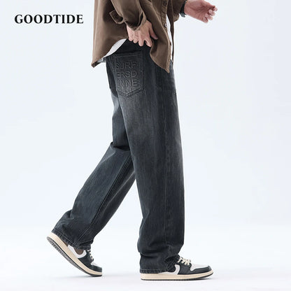 Fashionable Men's Washed Straight Jeans 2025 Autumn New Embroidered Letter Pattern Loose Denim Casual Pants Size 28-40