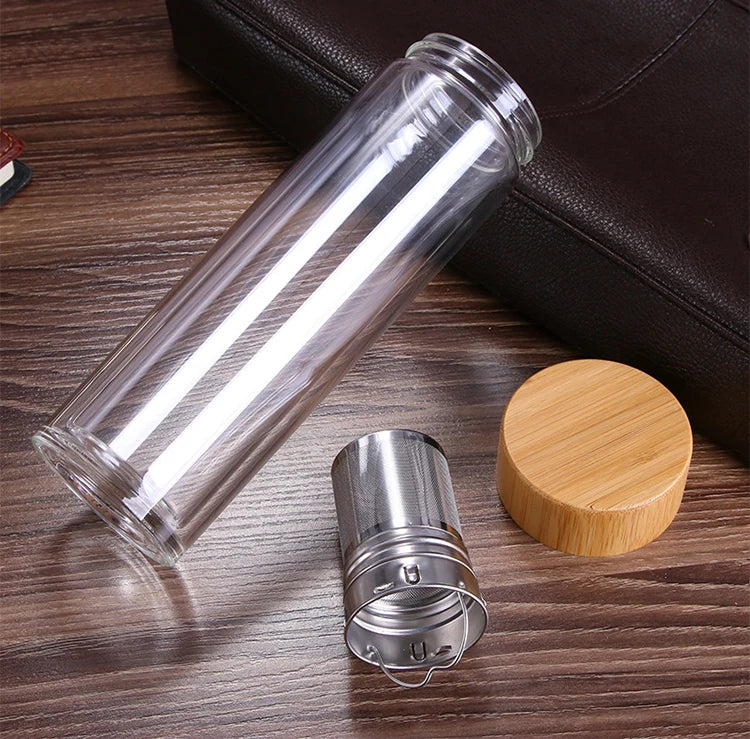 300/400/500ML Double Wall Glass Water Bottle Stainless Steel Filters Bamboo Lid Travel Home Drinkware Tea Infuser Office Tea Cup